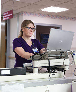 Nurse standing at a computer working.