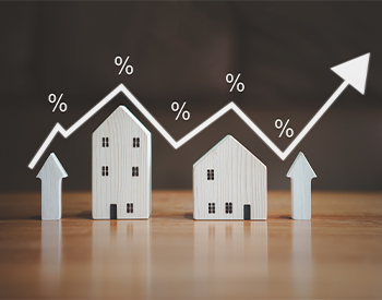 A spike line of percentage going up and down above house shaped objects